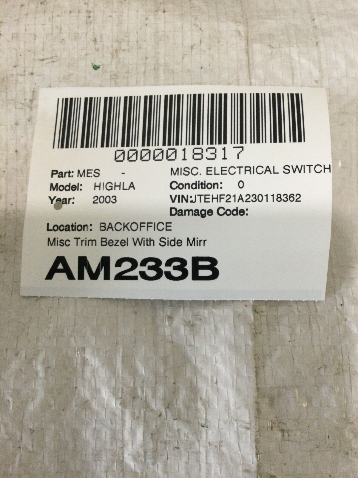 2003 Toyota Highlander Lower Dash Trim W/Mirror & Security Switches 55480-48050