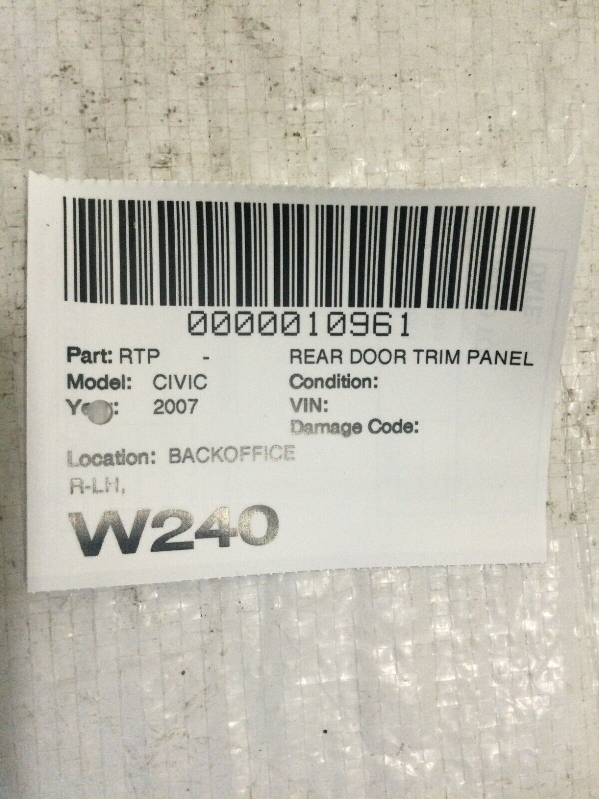 2007 Honda Civic Rear Left Interior Door Trim Panel OEM