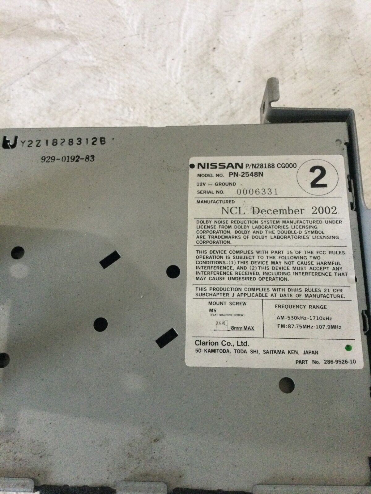 2003 03 Infiniti FX35 Radio Receiver Audio System OEM 28188CG000