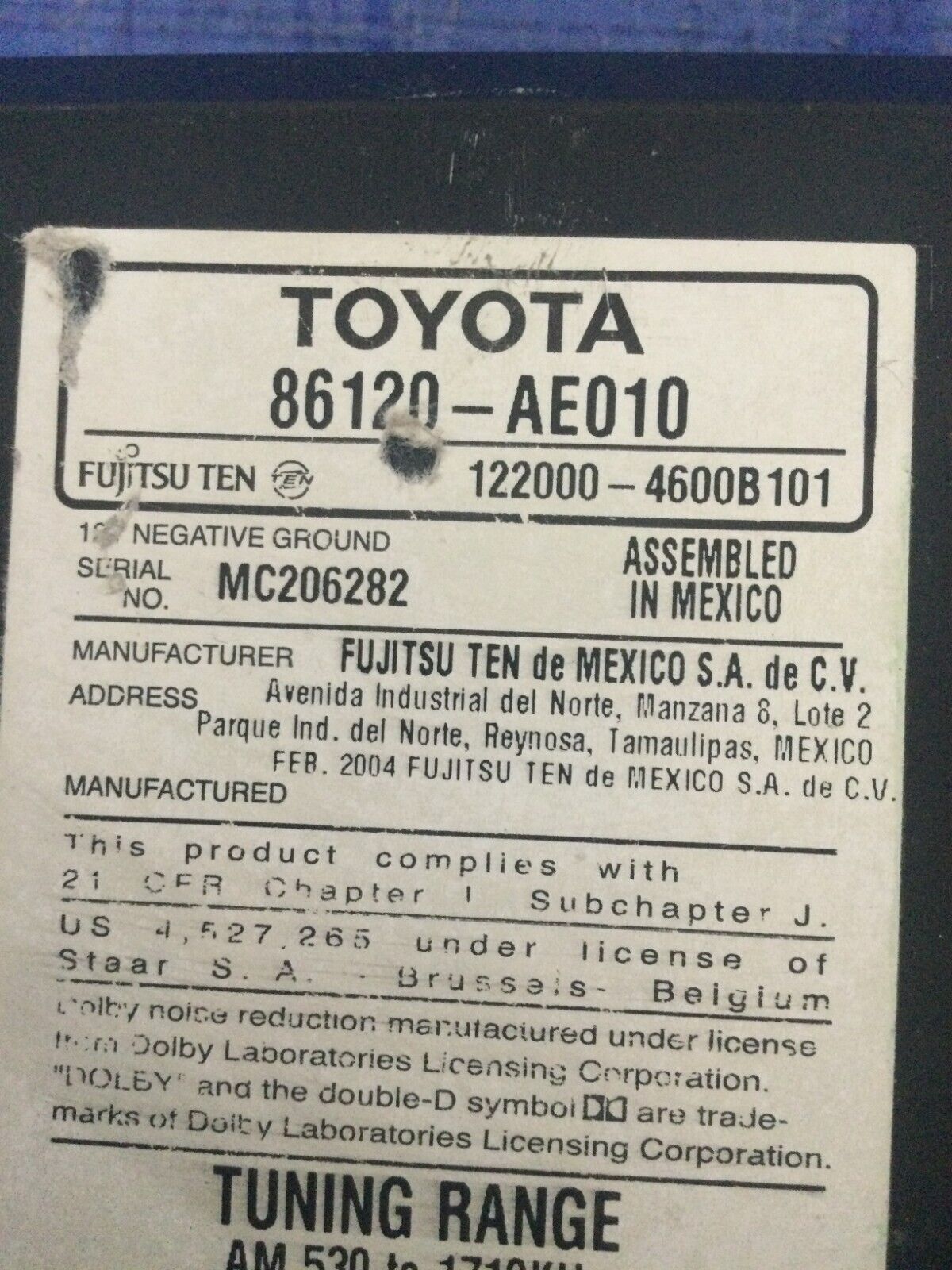 2004-2005 Toyota Sienna AM FM CD Cassete Radio Receiver OEM