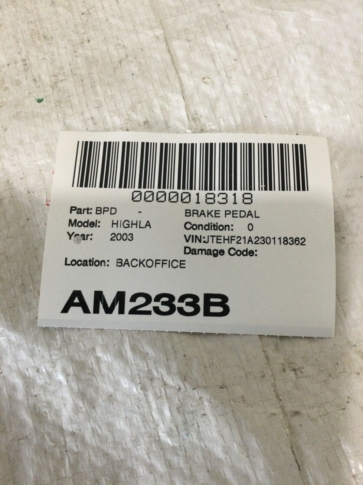 2001 - 2003 Toyota Highlander Brake Pedal Assembly OEM