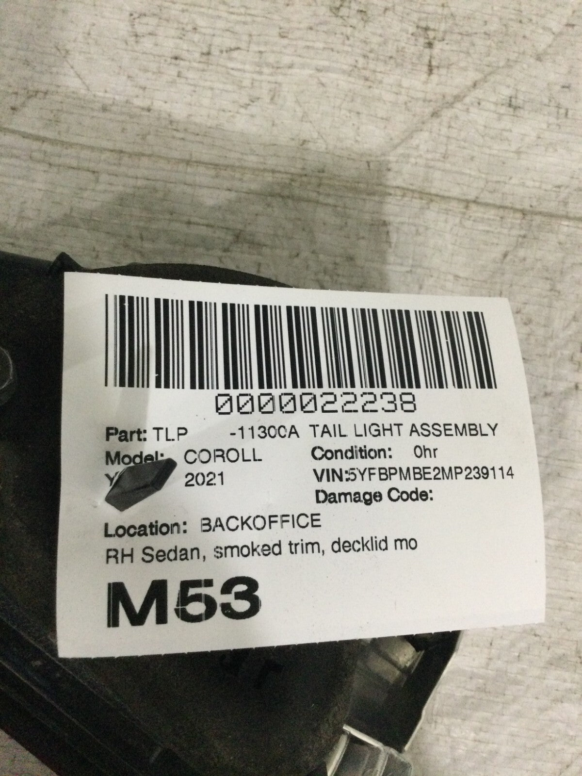 2021 Toyota Corolla Right Passenger Side Tail Light OEM MARKED DAMAGE