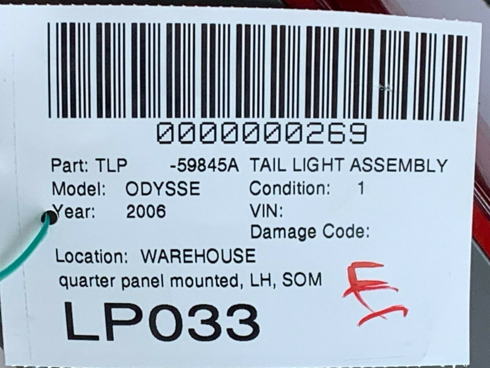 2006 Honda Odyssey Rear Left Driver Side Tail Light Lamp OEM