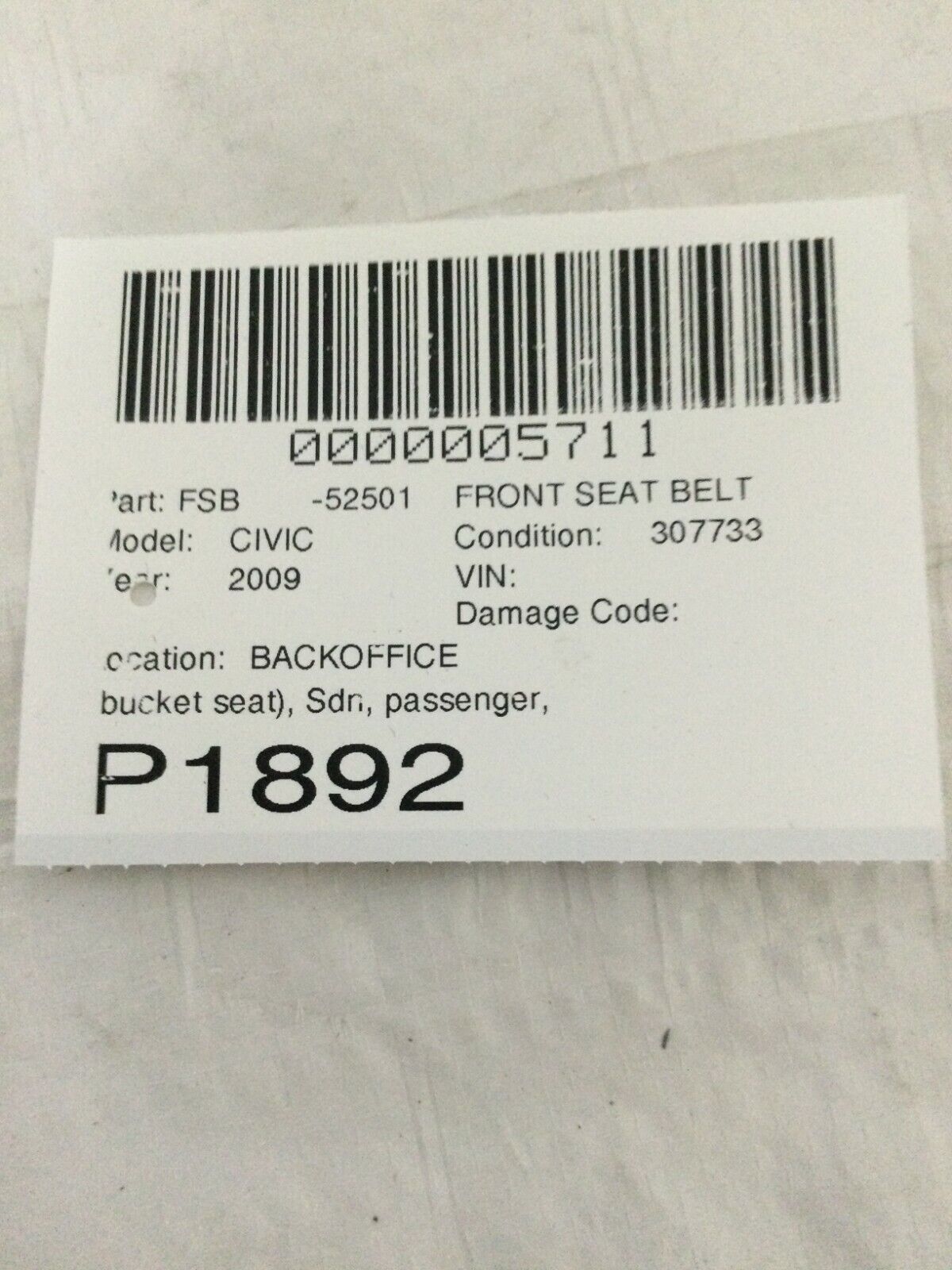 2006 Honda Civic Front Right Passenger Seat Belt OEM