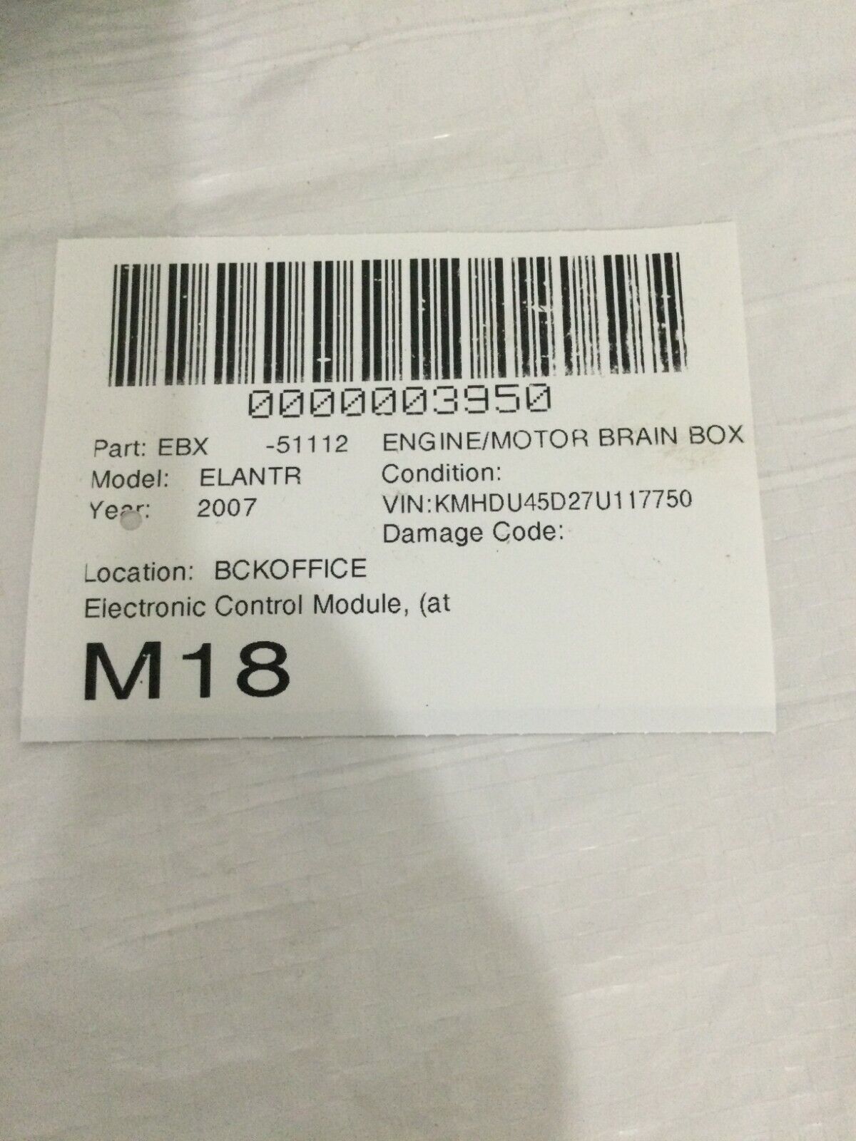 2007 Hyundai Elantra Engine ECM Control Module 2.0L MT 39150-23030 3915023030