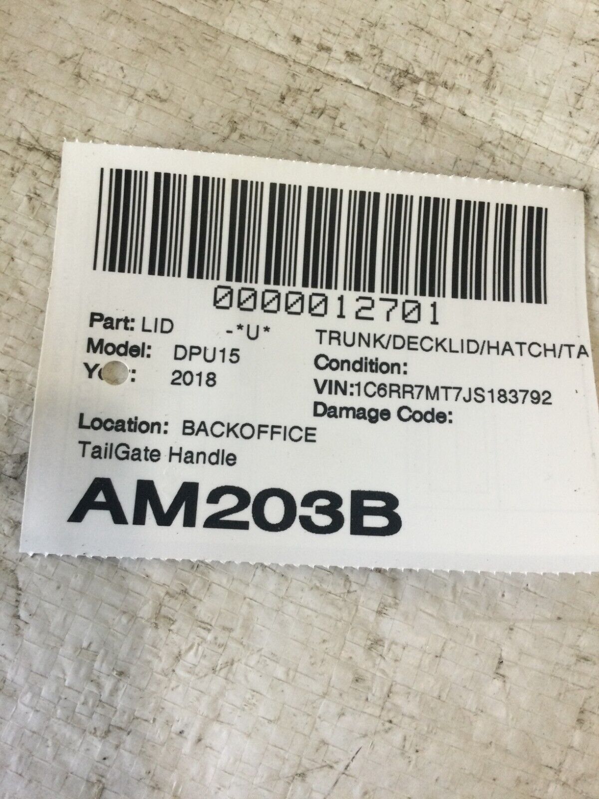 2018 Dodge Ram 1500 Trunk LID Tailgate Handle OEM