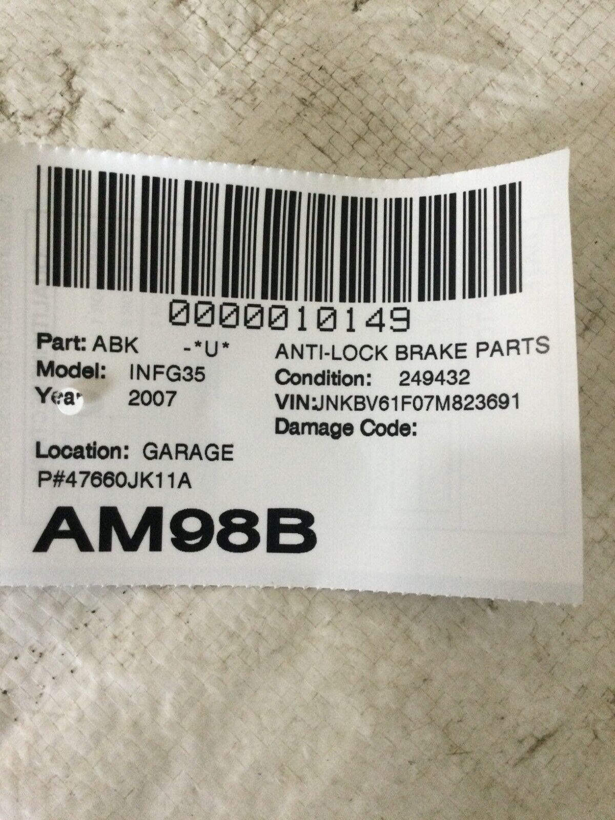 2007-2008 Infiniti G35 ABS Pump Control OEM 47660JK11A Module
