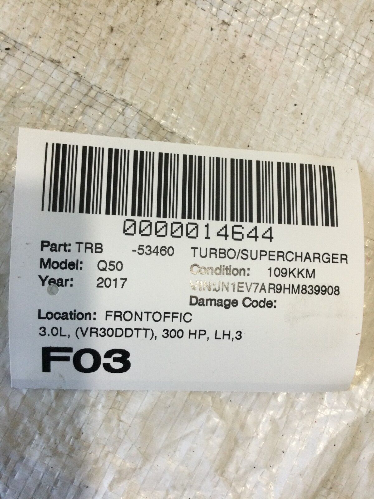 2017 Infiniti Q50 Turbo Supercharger 3.0L OEM Left