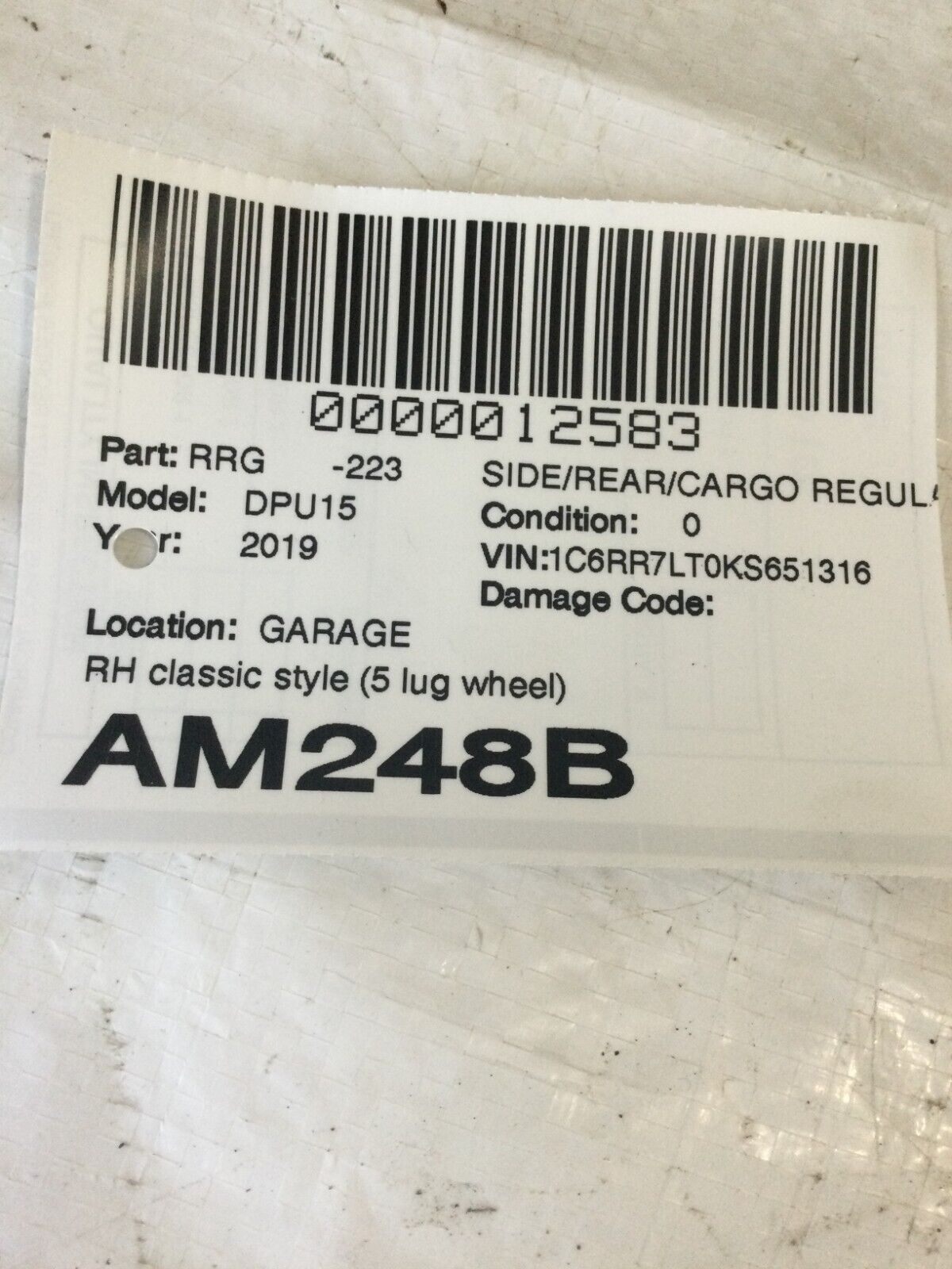 2019 Dodge Ram 1500 Rear Right Window Door Regulator OEM