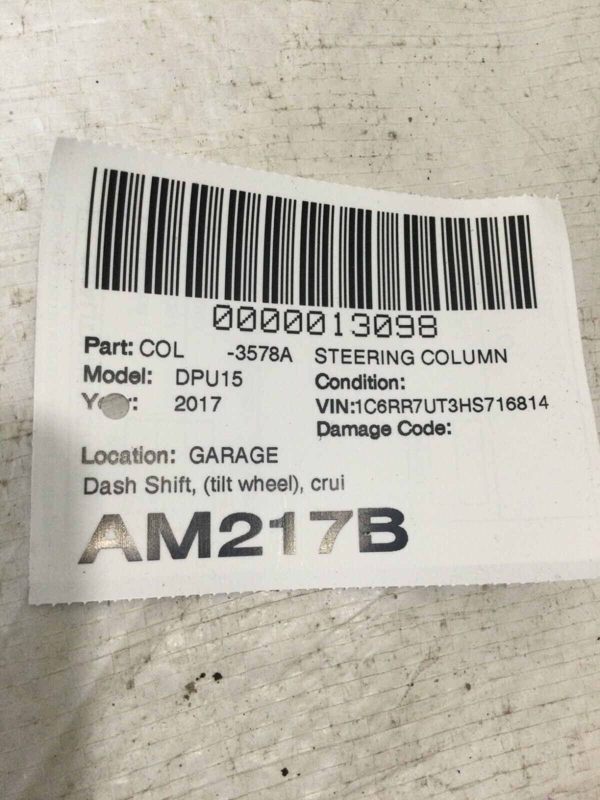 2017 Dodge Ram 1500 Steering Column Assembly OEM 68262518AC