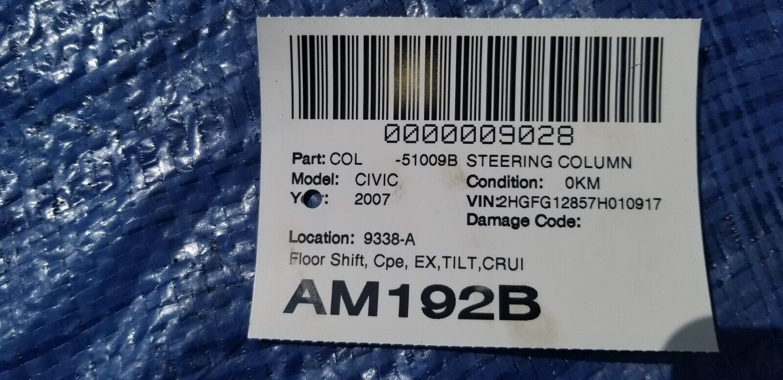 2007 Honda Civic Coupe 2DR Steering Column Assembly W/ Ignition Lock OEM