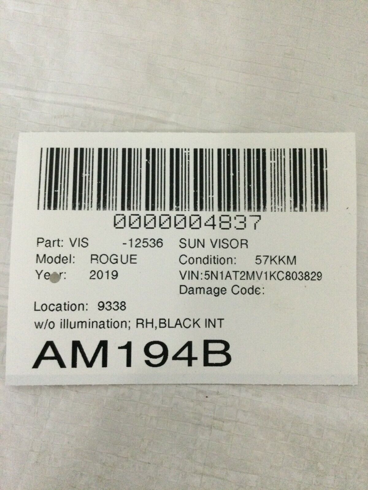 2019 Nissan Rogue Sun Visor Right Passenger Side OEM RH