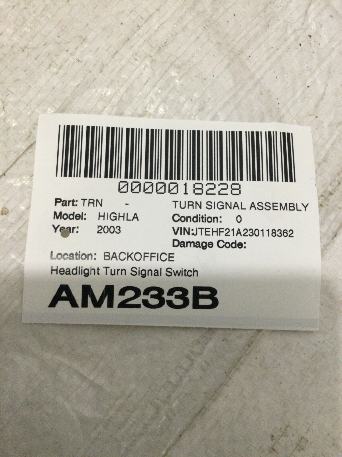 2003 Toyota Highlander  Headlight Turn Signal Switch  OEM