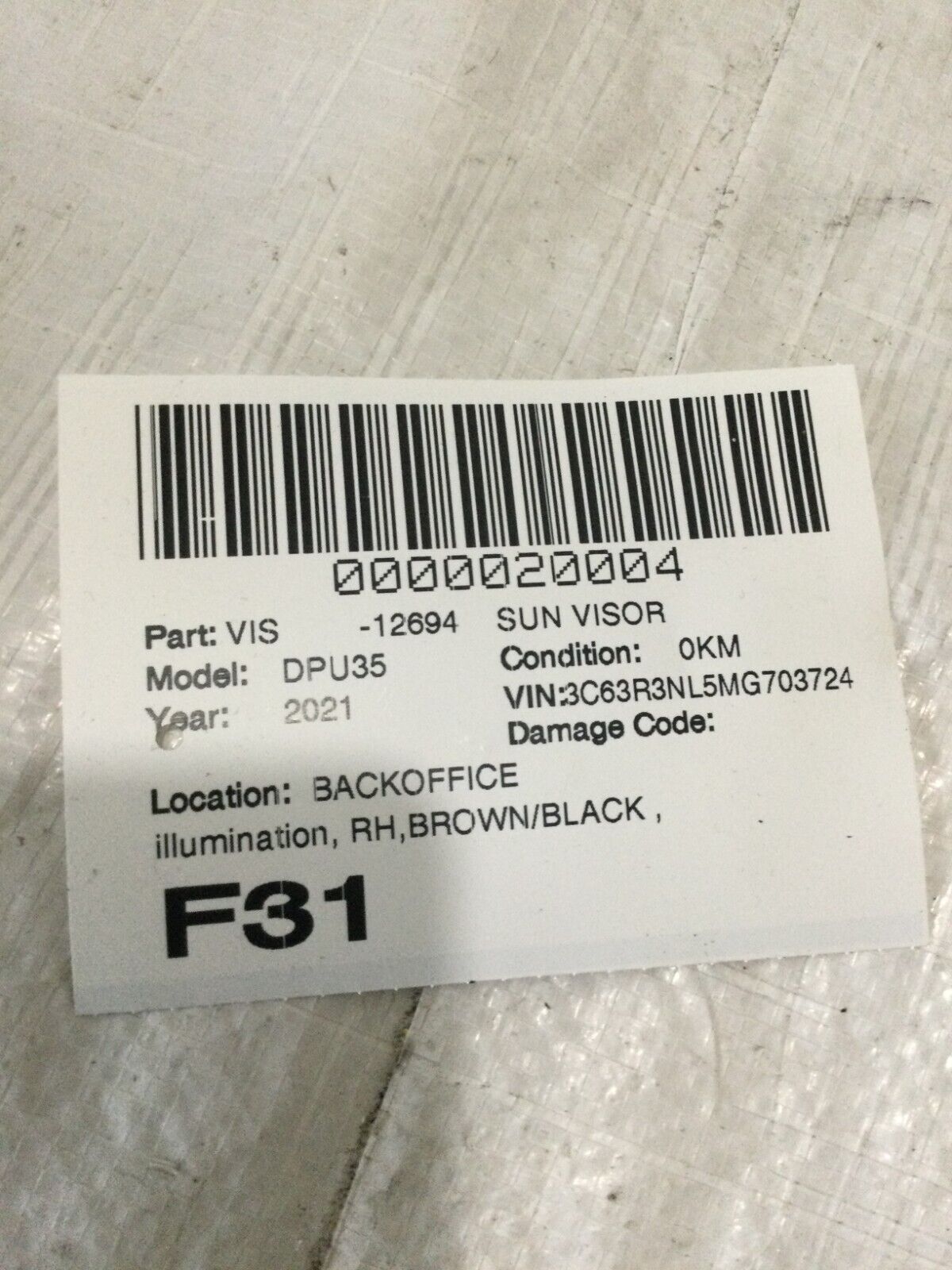 2019-2023 Dodge Ram 3500 Right Passenger Sun Visor Illuminated Black OEM