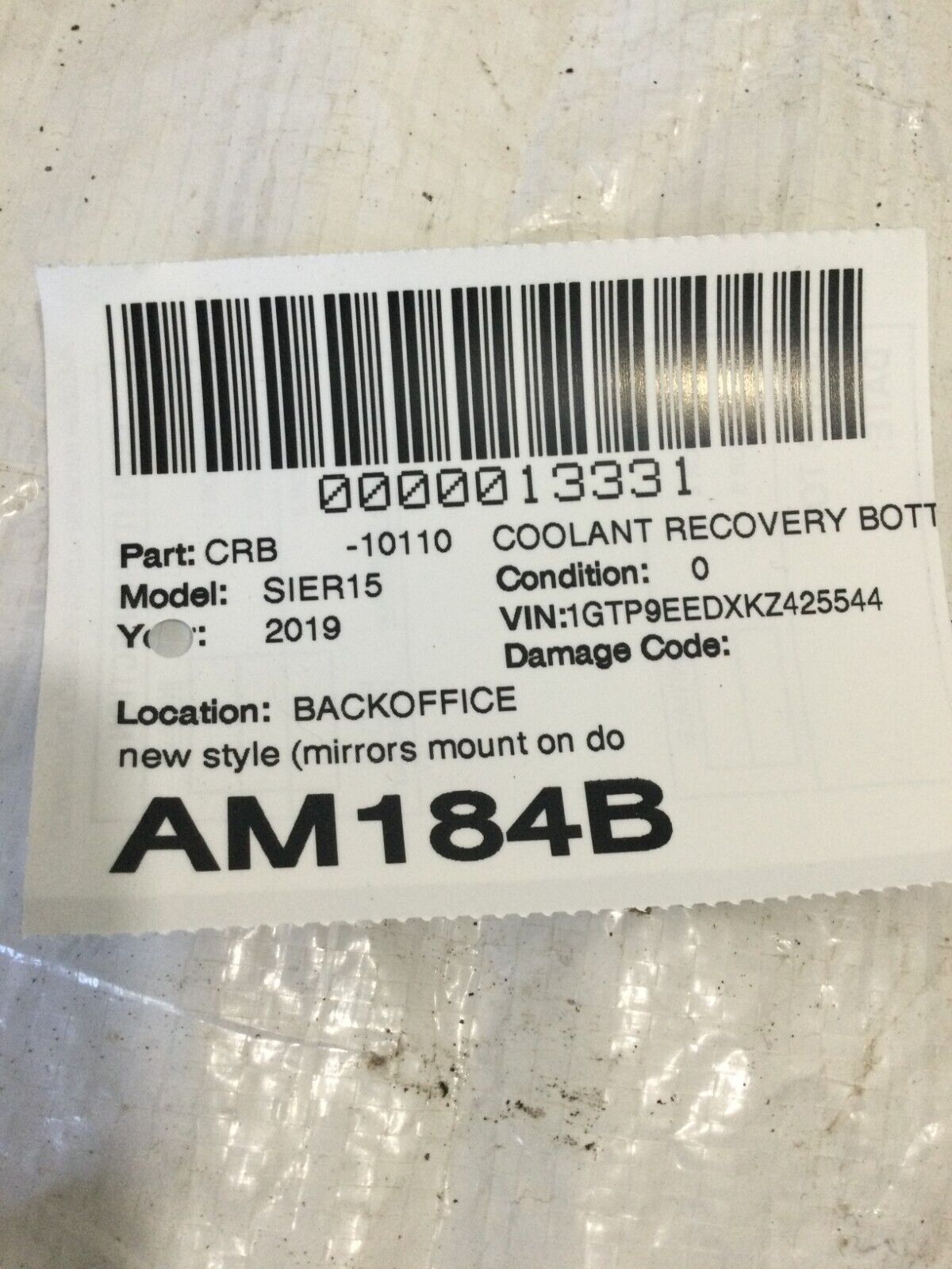 2019 GMC Sierra 1500 Coolant Recovery Bottle OEM