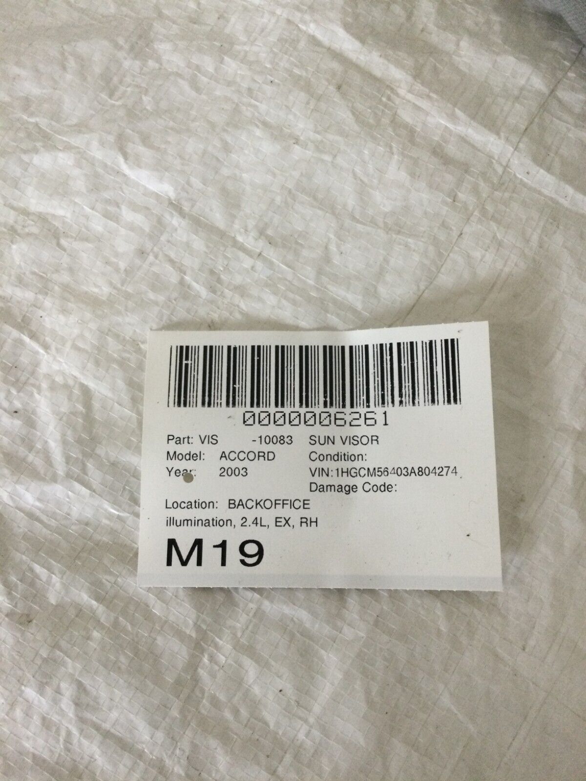 2003-2005 Honda Accord Sun Visor Right Passenger  Side OEM RH Illuminated.