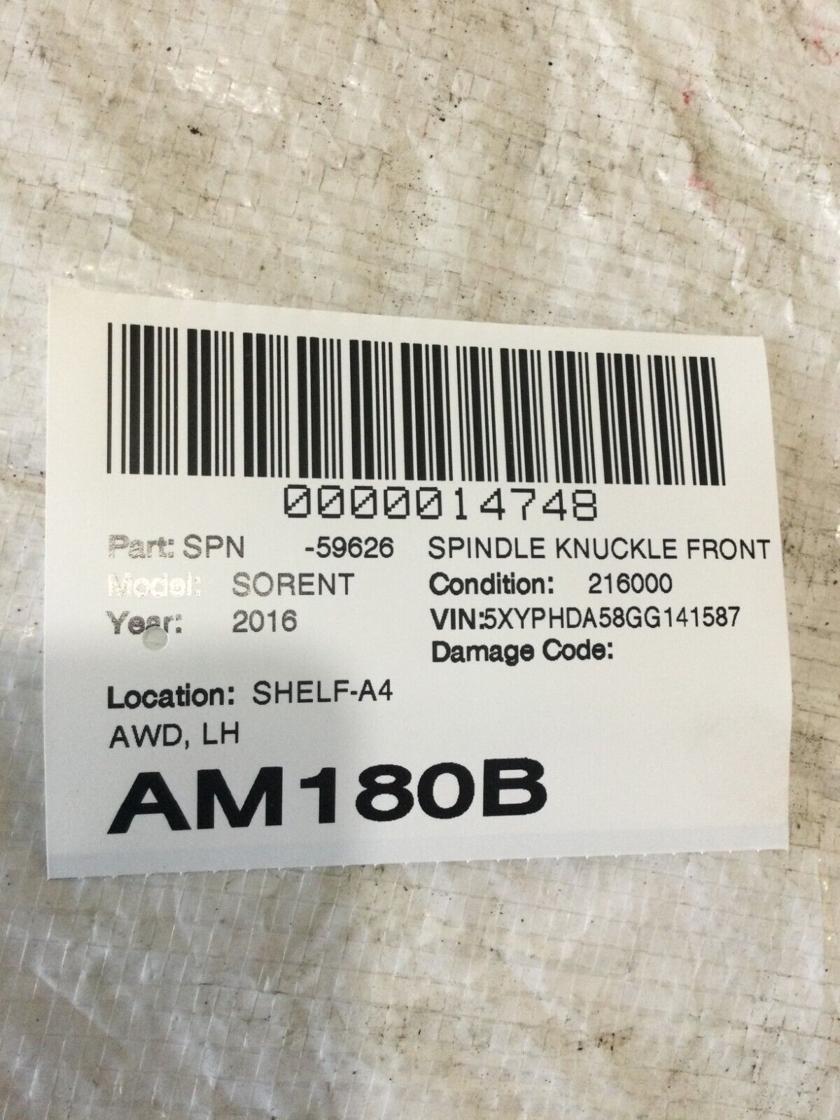 2016-2018 Kia Sorento Front Left Spindle Knuckle Bearing Hub OEM AWD