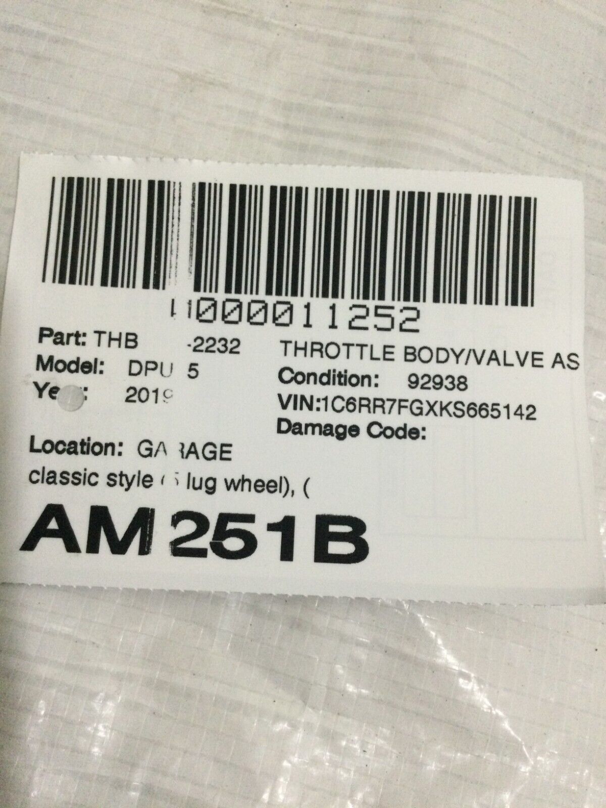 2019 Ram 1500 Pickup Throttle Body Valve Assembly 3.6L OEM 05184349AE