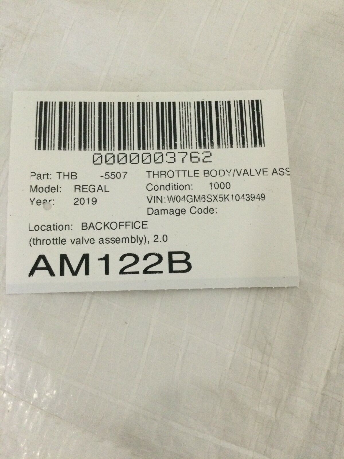 2018-2019 Buick Regal Preferred II Throttle Body Assembly 12670837 OEM 2.0L