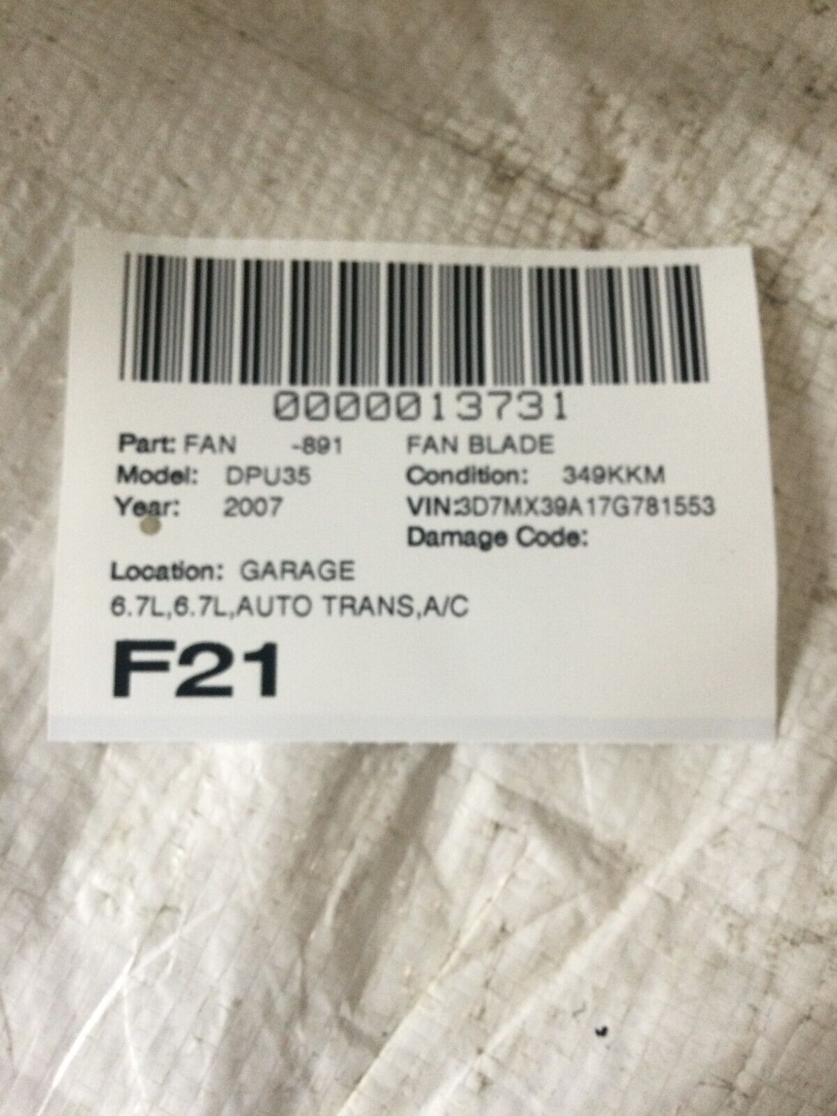 2007 Dodge Ram 3500 6.7L Fan Blade Motor Assembly OEM ( DAMAGE FAN MARKED )