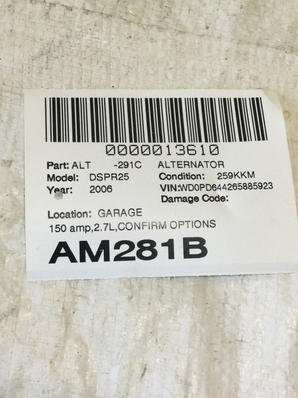 2006 Dodge Sprinter 2500 Alternator Motor OEM 2.7L Diesel
