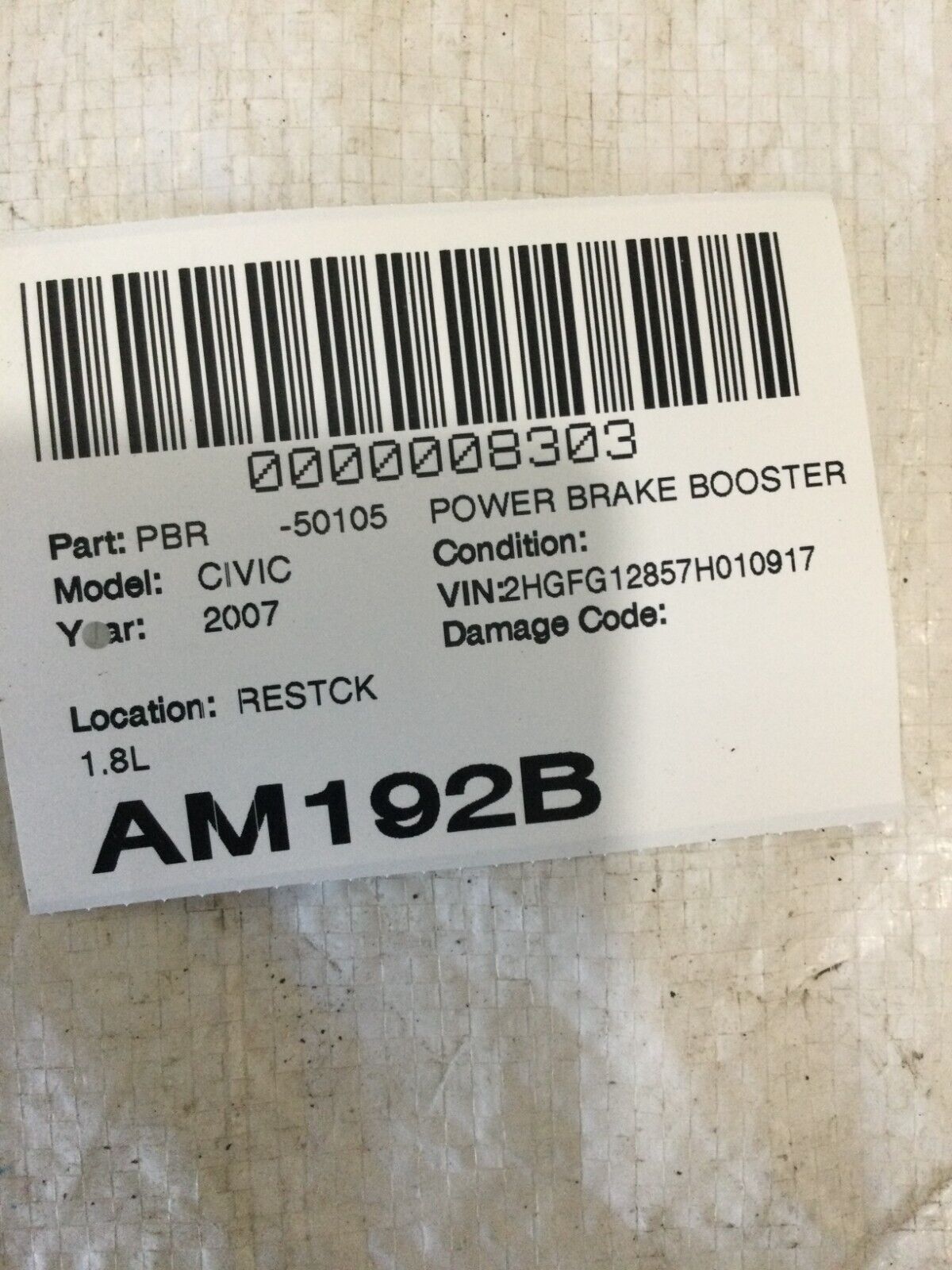 2007 Honda Civic Power Brake Booster AO70511-1289 OEM