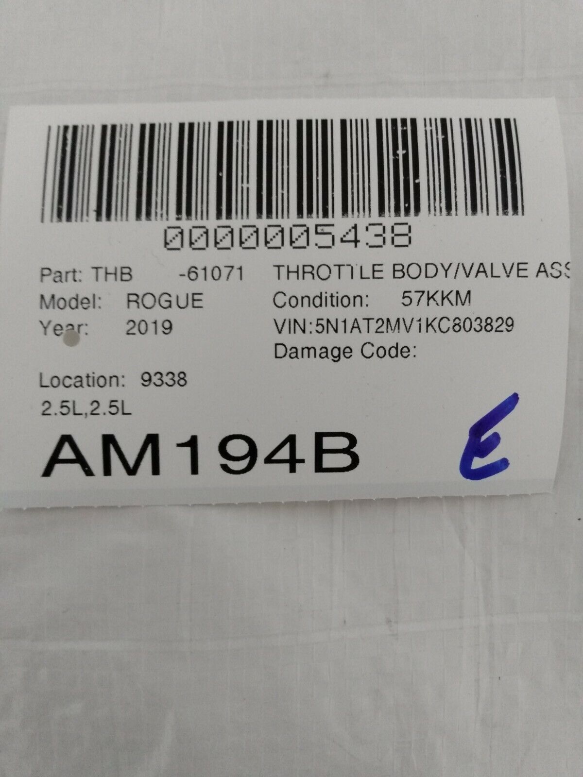 2019 Nissan Rogue Throttle Body Assembly OEM 2.5