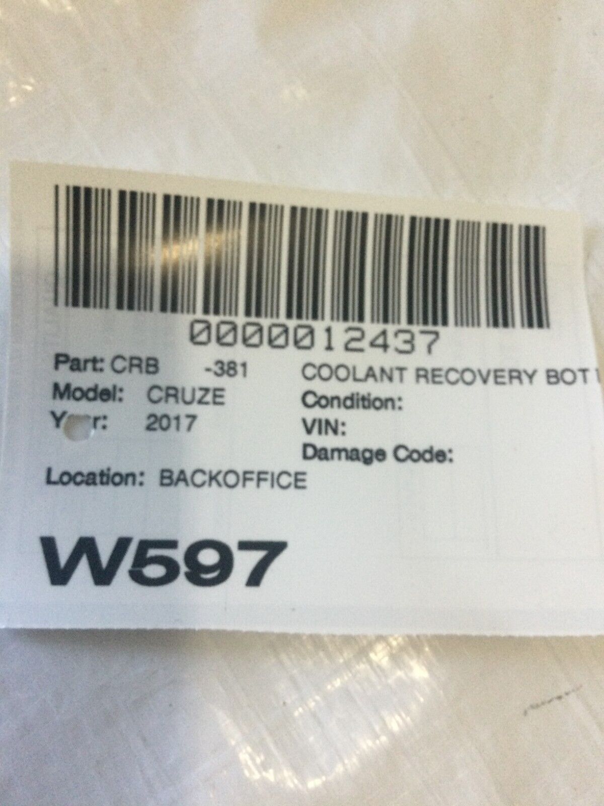 2017 Chevrolet Cruze Engine Coolant Recovery Bottle 13459964 OEM
