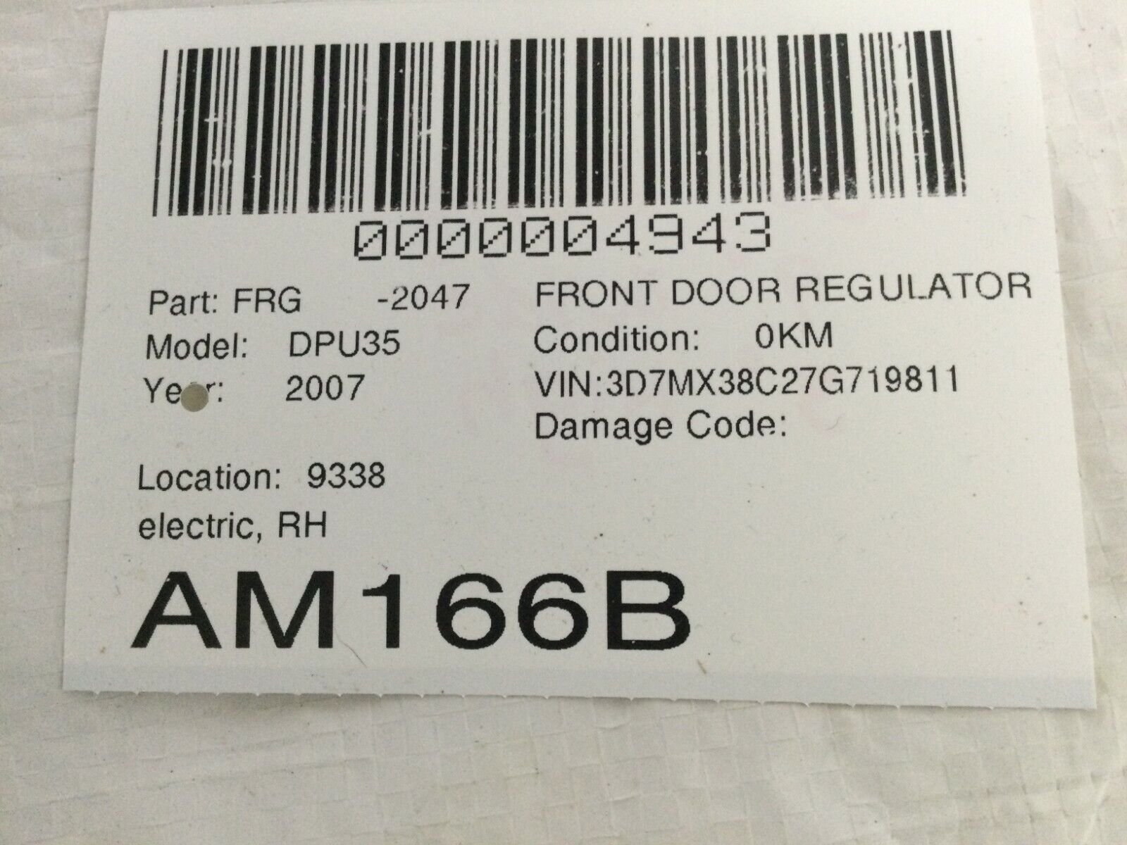 2007 Dodge Ram 3500 Front Right Window Door Regulator OEM