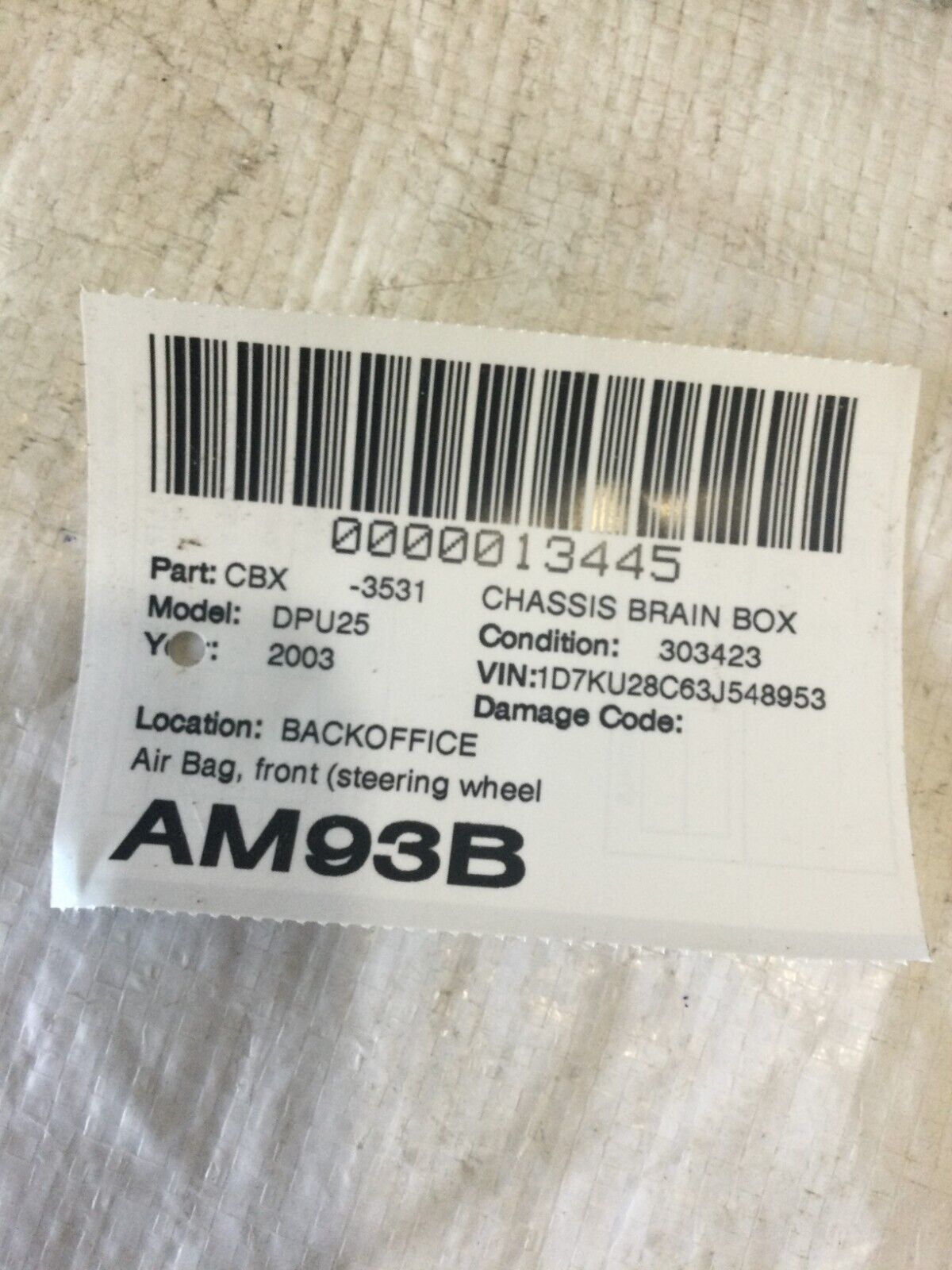 2003 Dodge Ram 2500 SRS Control Module  56043700AA OEM