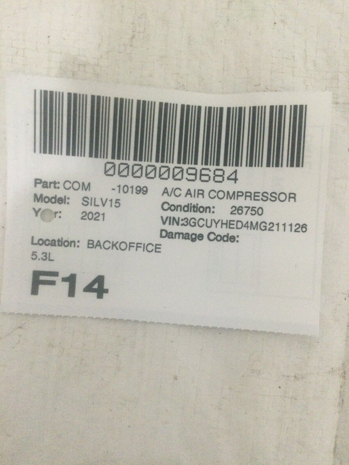 2021 Chevrolet Silverado 1500 A/C Compressor 5.3L 84381868 OEM