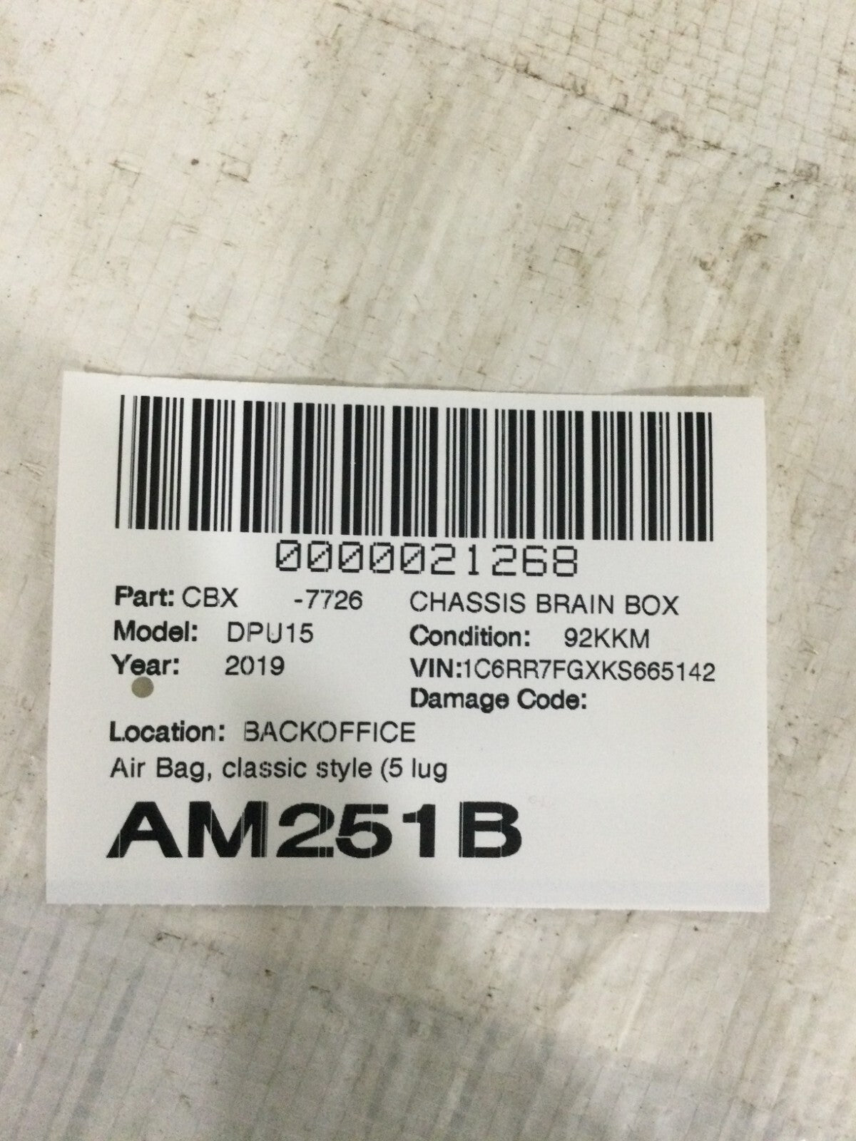 2019 Ram 1500 SRS Control Module OEM 68346715AC
