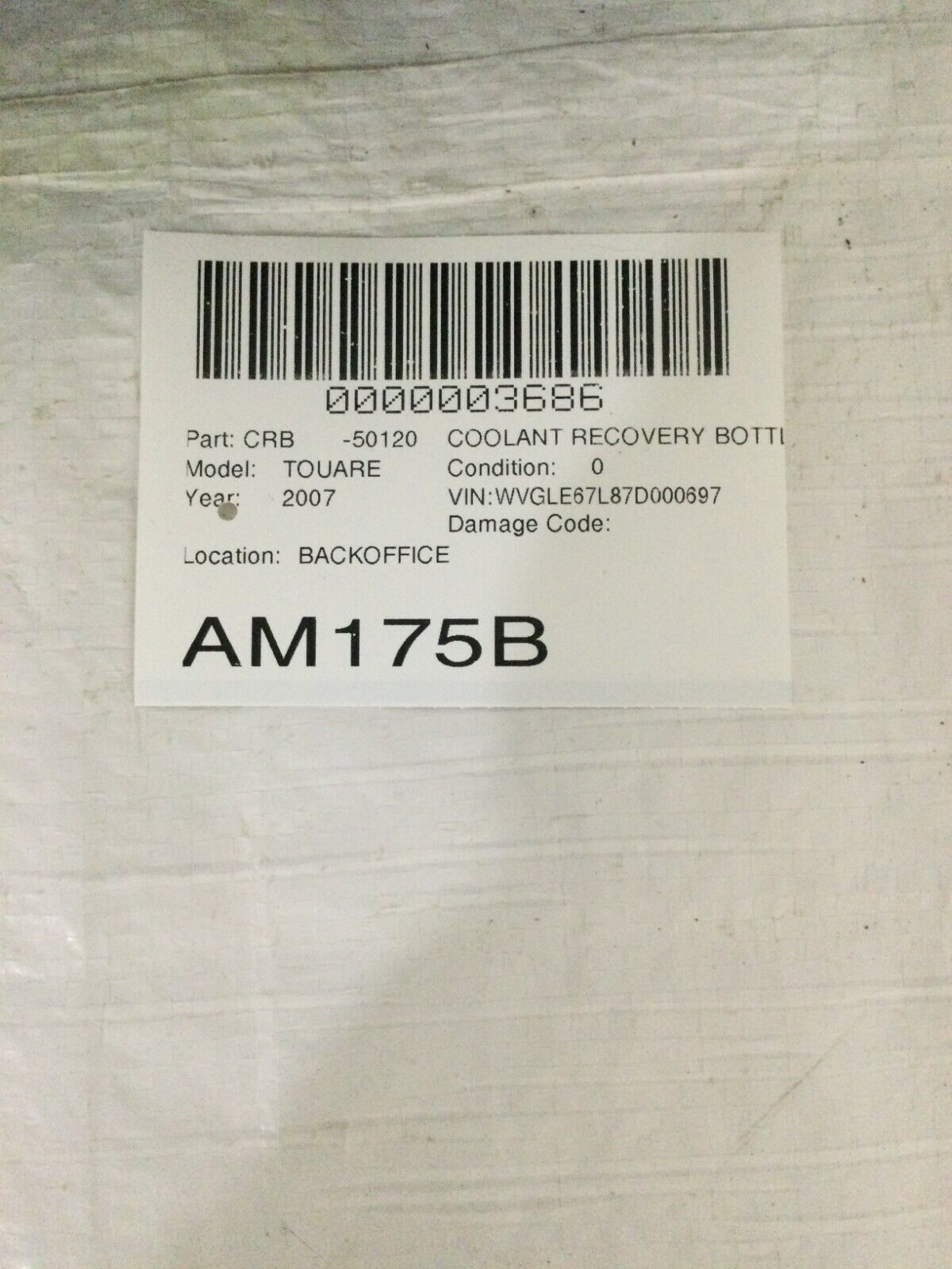 2007 Volkswagen Touareg Coolant Recovery Bottle OEM 3.6L 7L0121407E