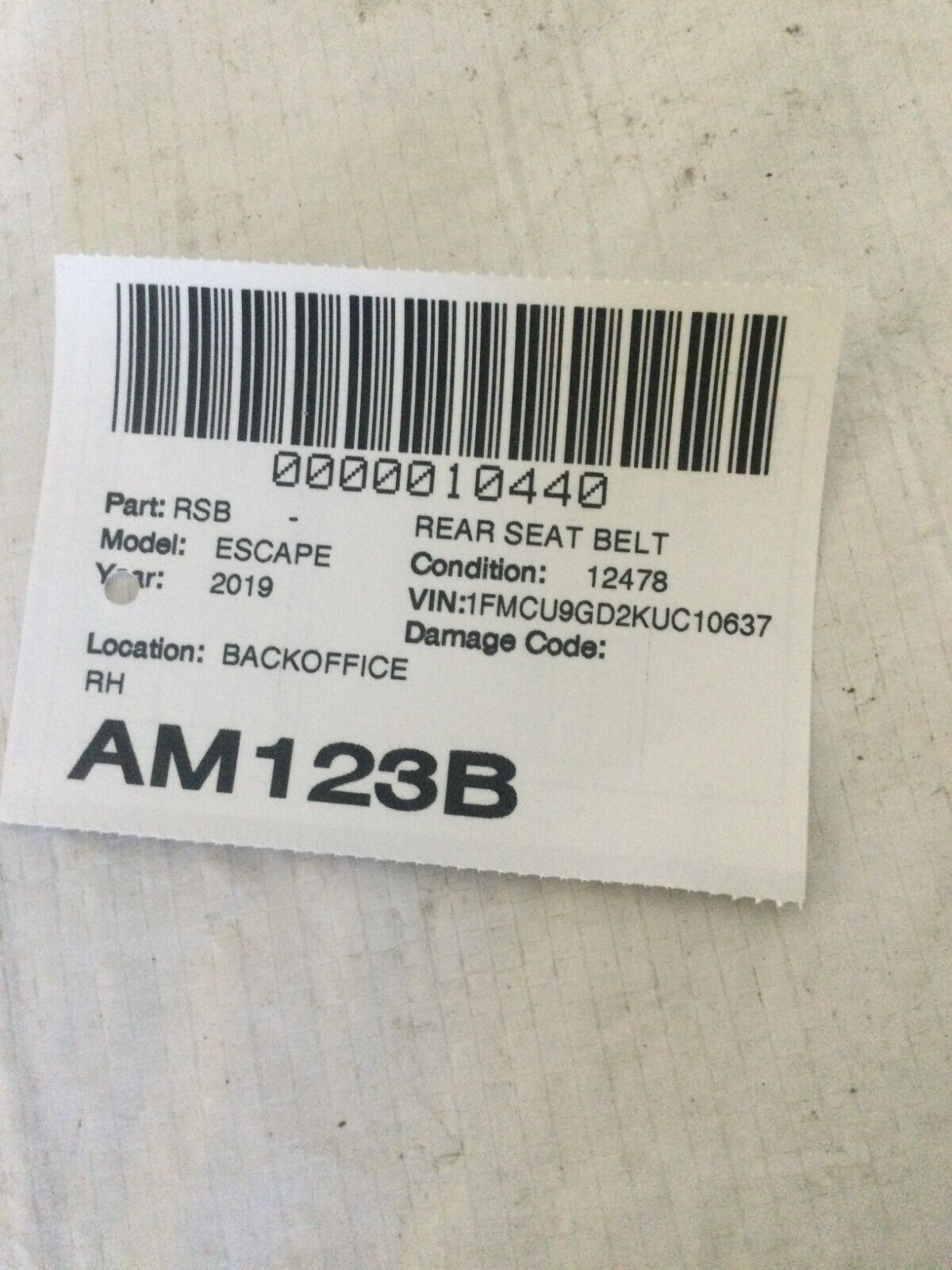 2017-2019 Ford Escape Rear Right Seat Belt OEM CJ5478611B68AM