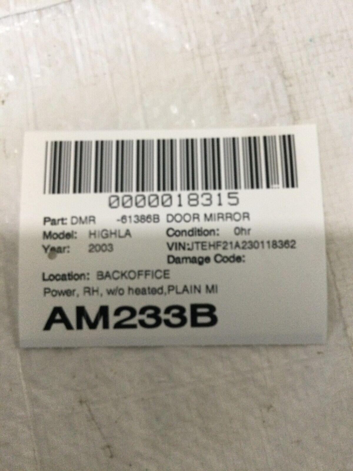 2003 Toyota Highlnder Right Passenger Side Power Door Mirror OEM