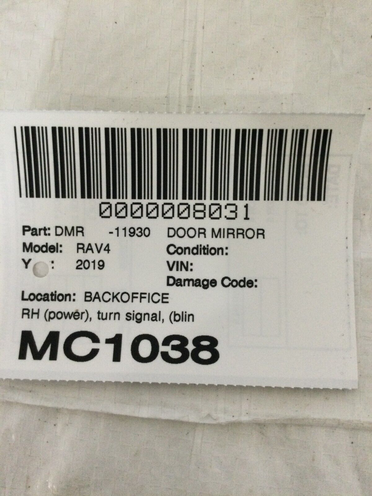 2019 Toyota RAV4 Power Side View Door Mirror W/ Turn Signal Blind Spot Right OEM