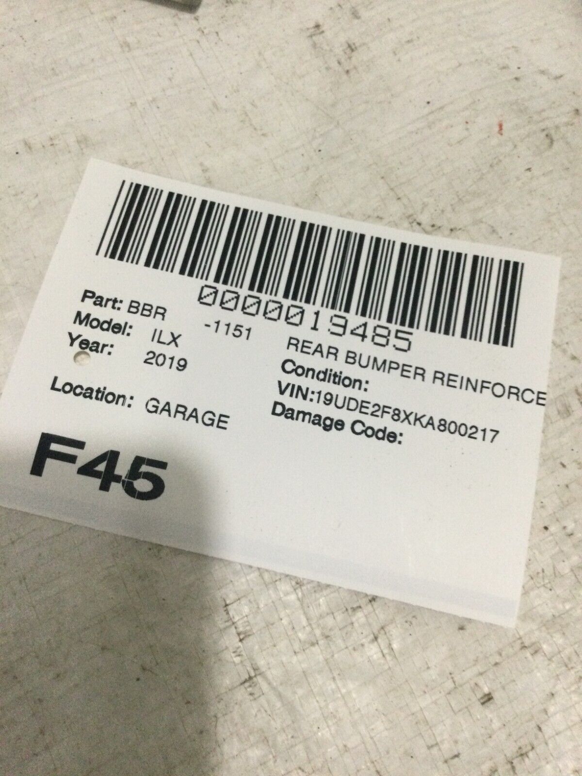 2019 Acura ILX Rear Bumper Reinforcement Impact Bar Rebar OEM