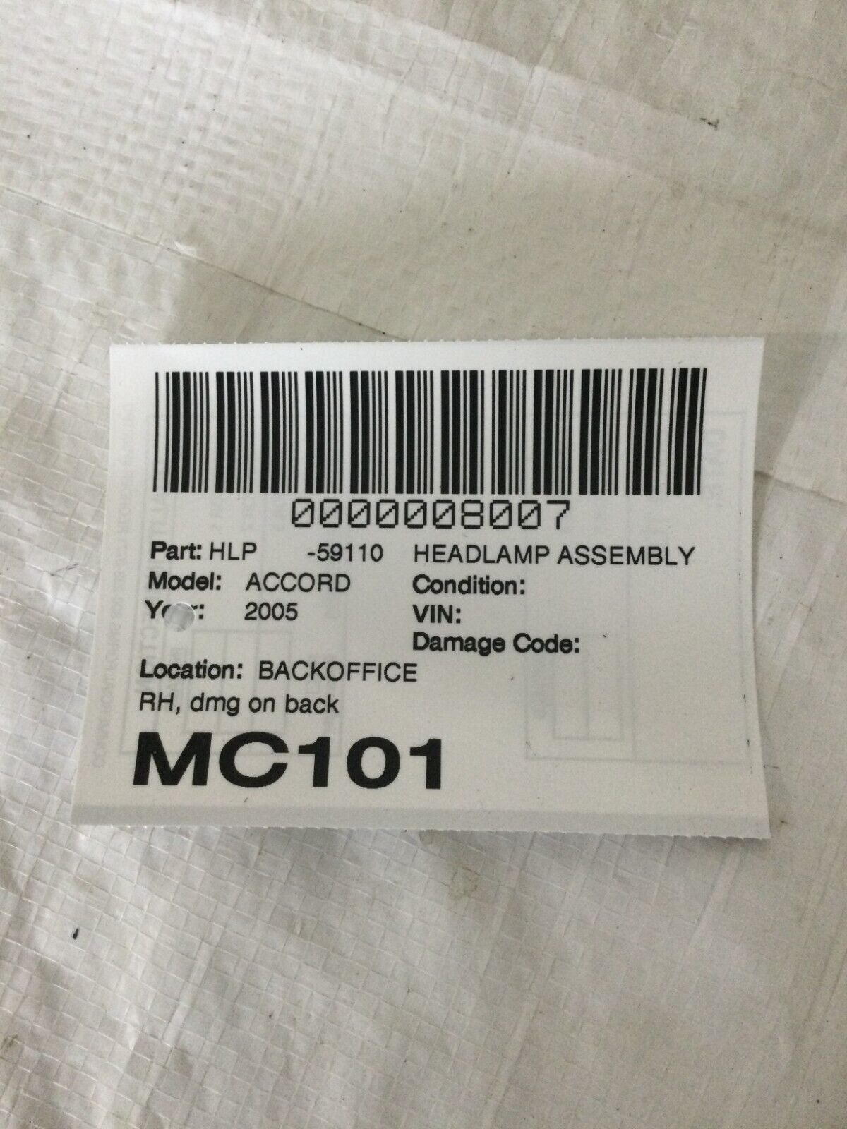 2003-2007 Honda Accord Halogen Right Passenger RH Headlight Lamp OEM