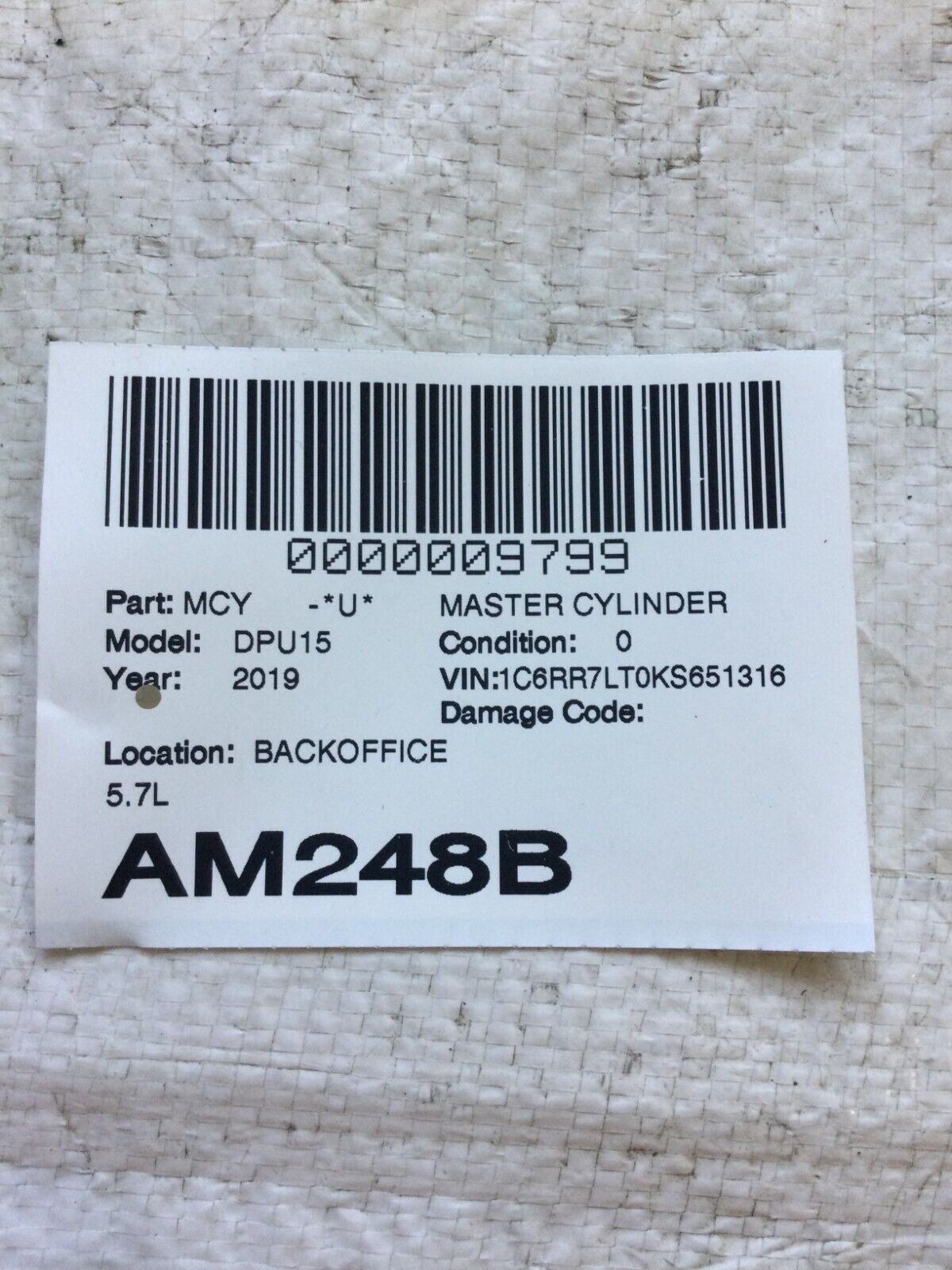 2019 Dodge Ram 1500 Master Brake Cylinder W/ Reservoir OEM