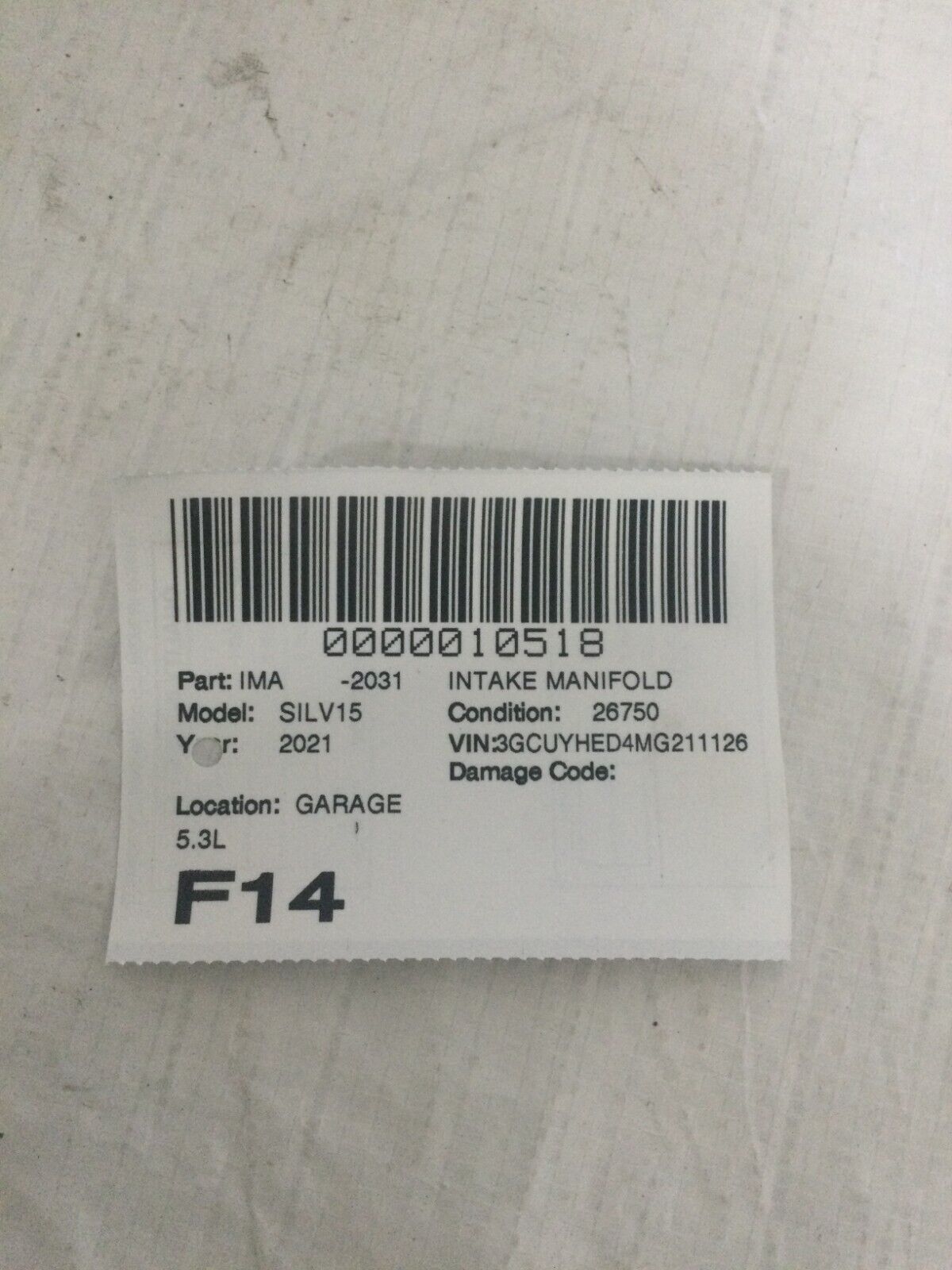 2021 Chevrolet Silverado 1500 5.3L Air Intake Manifold Assembly OEM 28247635