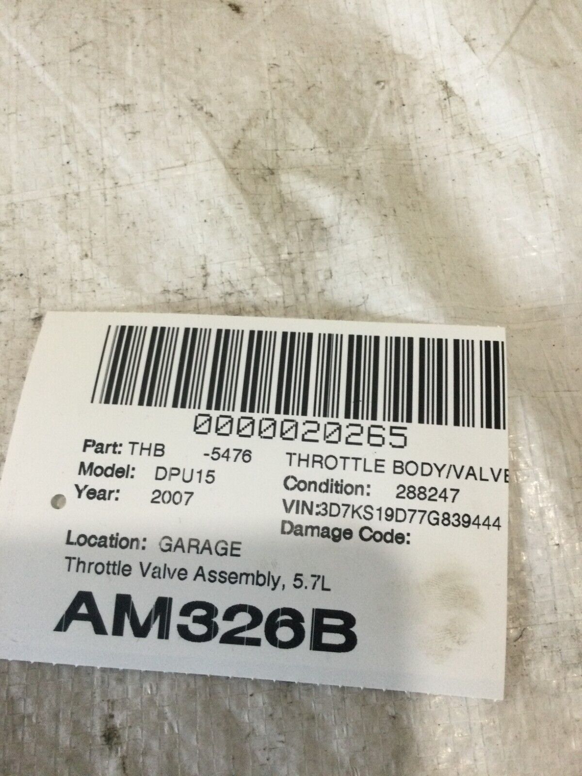 2007 Dodge Ram 1500 5.7L  Throttle Body Valve Assembly OEM
