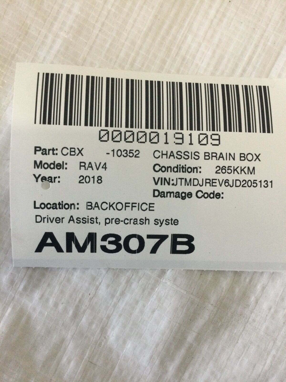 2018 Toyota RAV4  Hybrid Left Driver Assist  Control Module 10R-048636 OEM