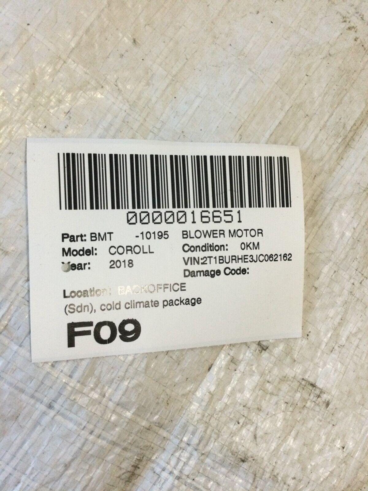 2018 Toyota Corolla A/C Heater Blower Motor OEM