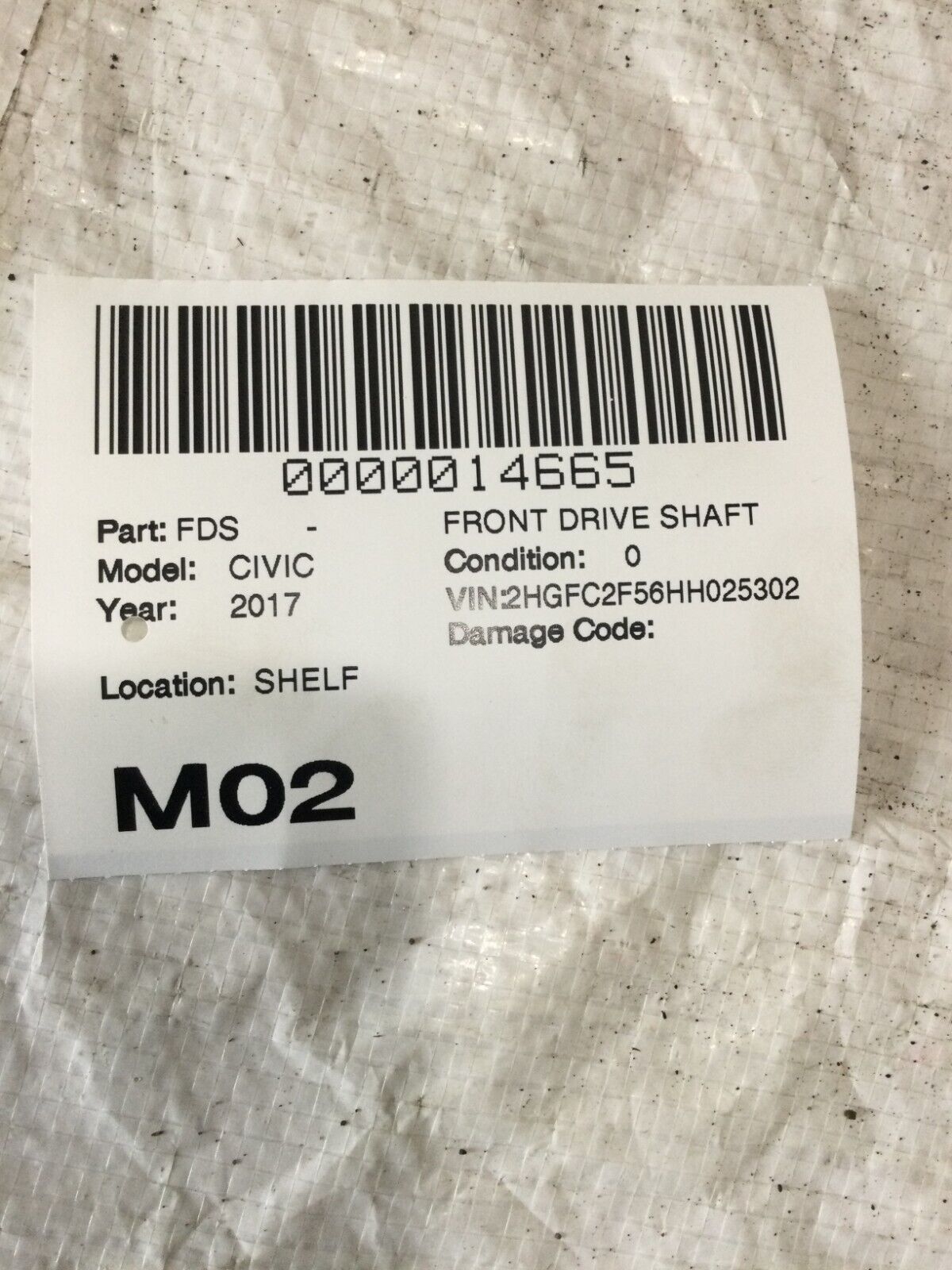 2017 Honda Civic Front Right Axle Shaft OEM