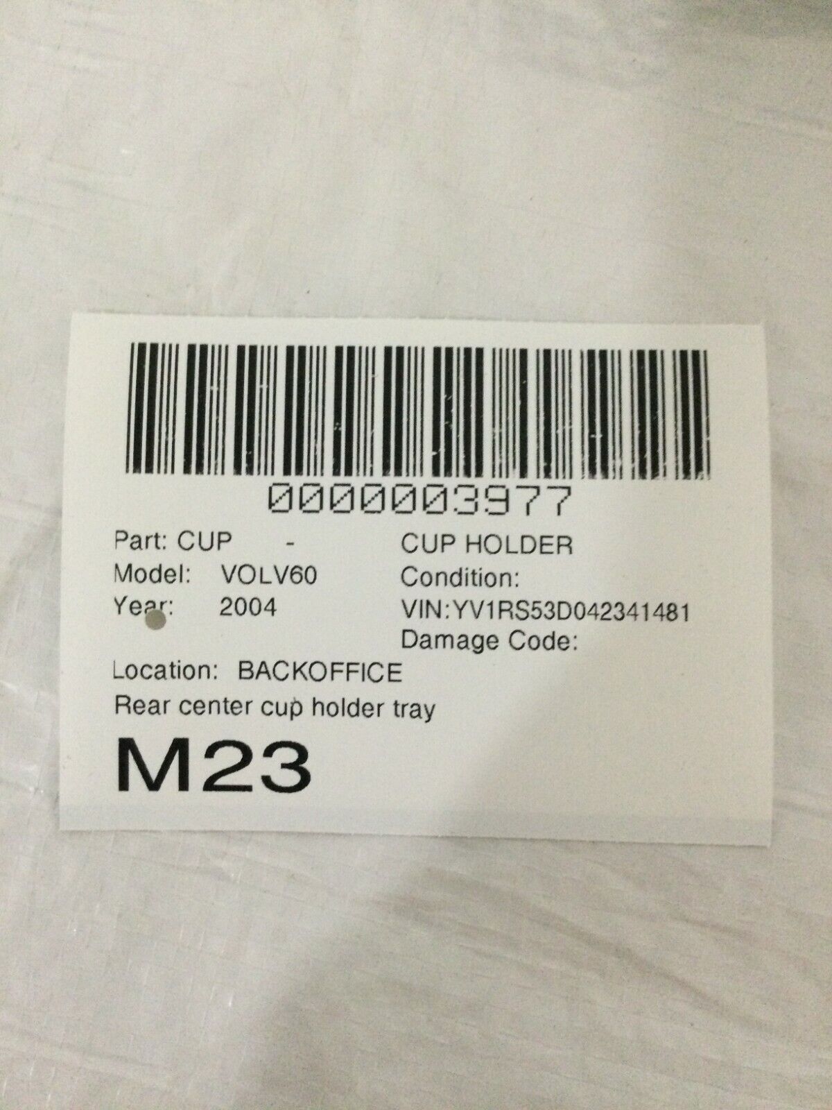 2004 Volvo S60 Rear Center Cup Holder OEM