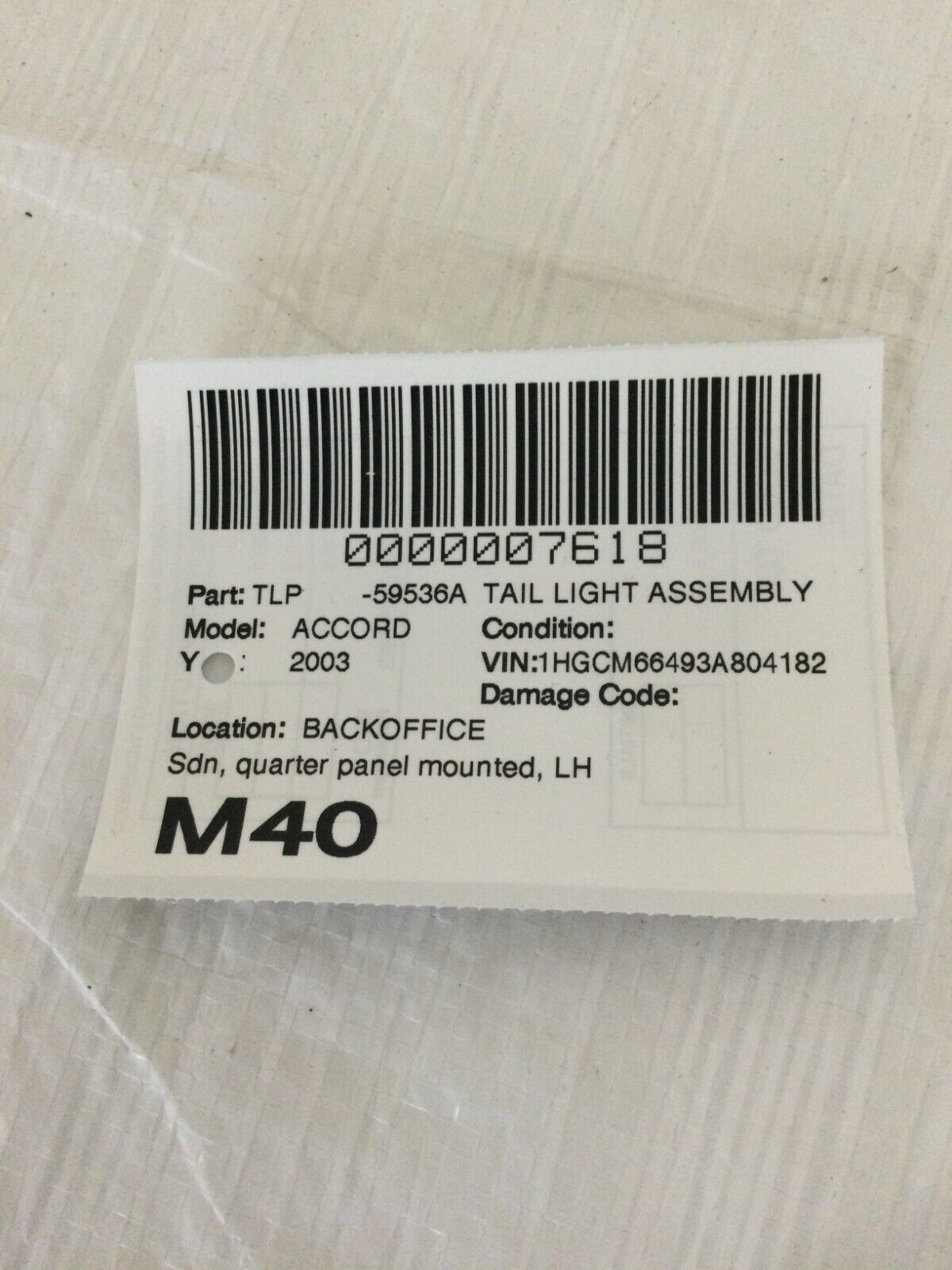 2003-07 Honda Accord Sedan Lid Mounted Left Driver Outer Tail Light Lamp OEM LH