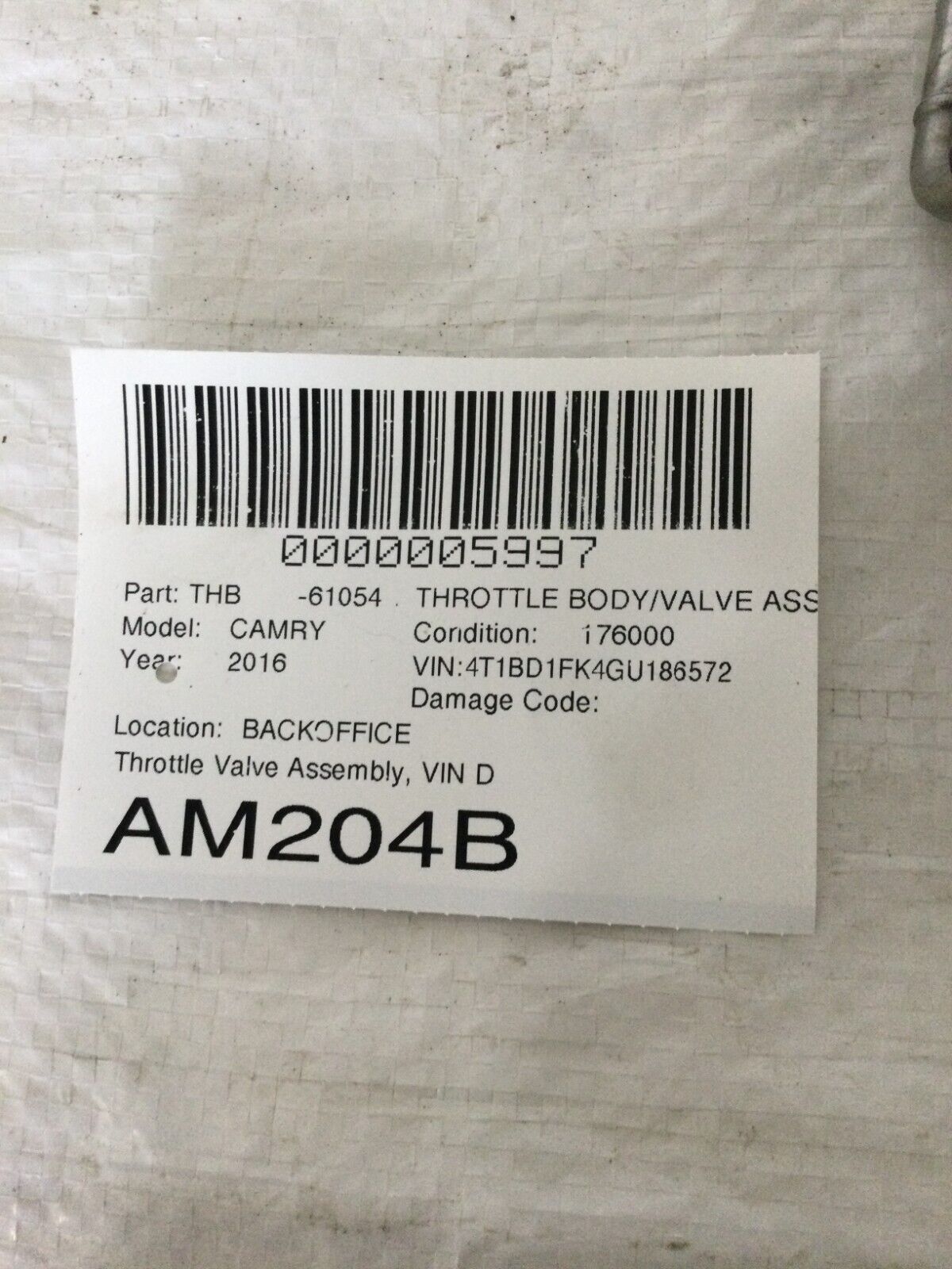 2016 Toyota Camry Throttle Body Valve Assembly 22030-36020 OEM 2.5L