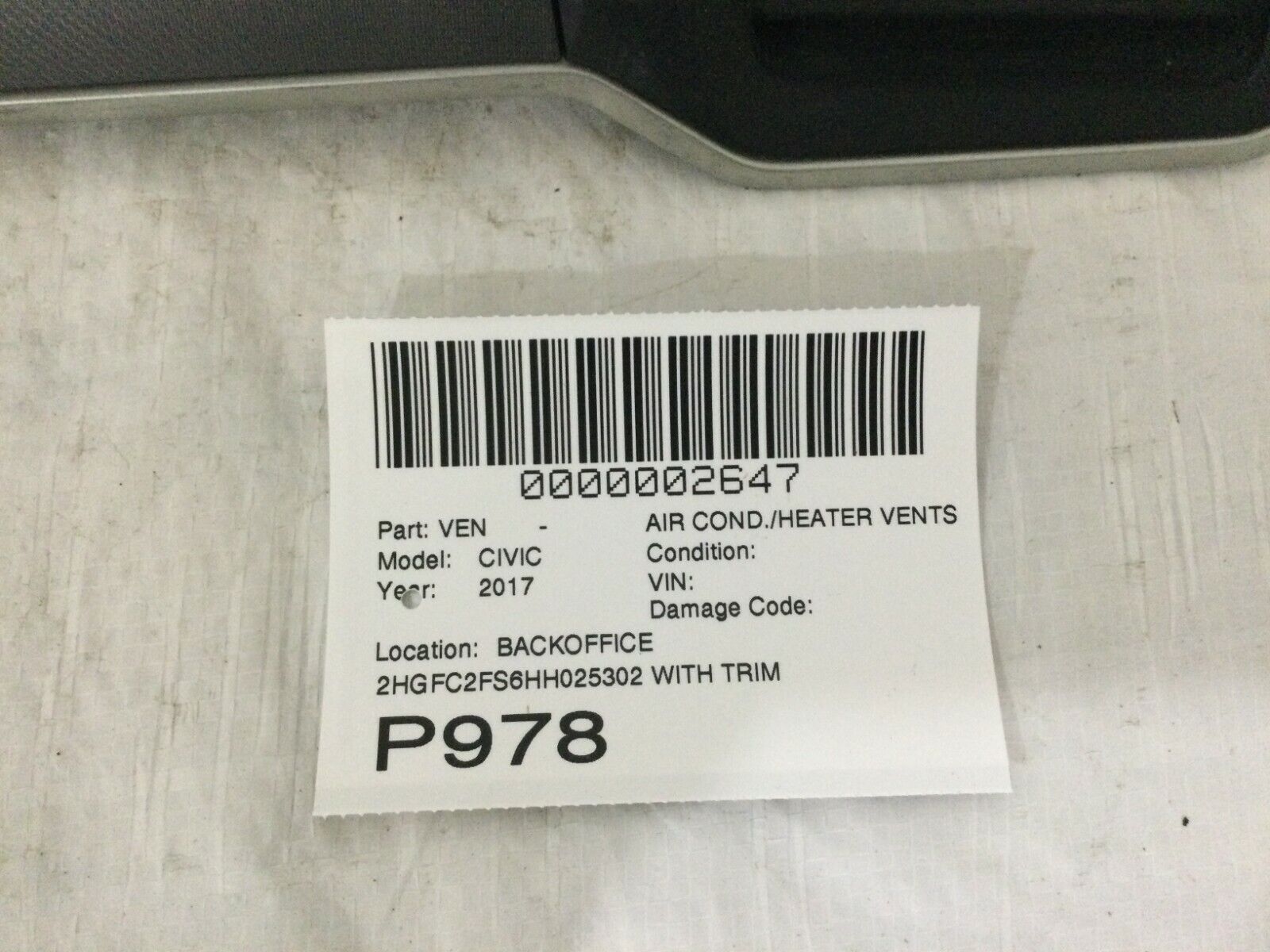 2017 Honda Civic Front Right Passenger Dash Trim W/ Air Vent OEM