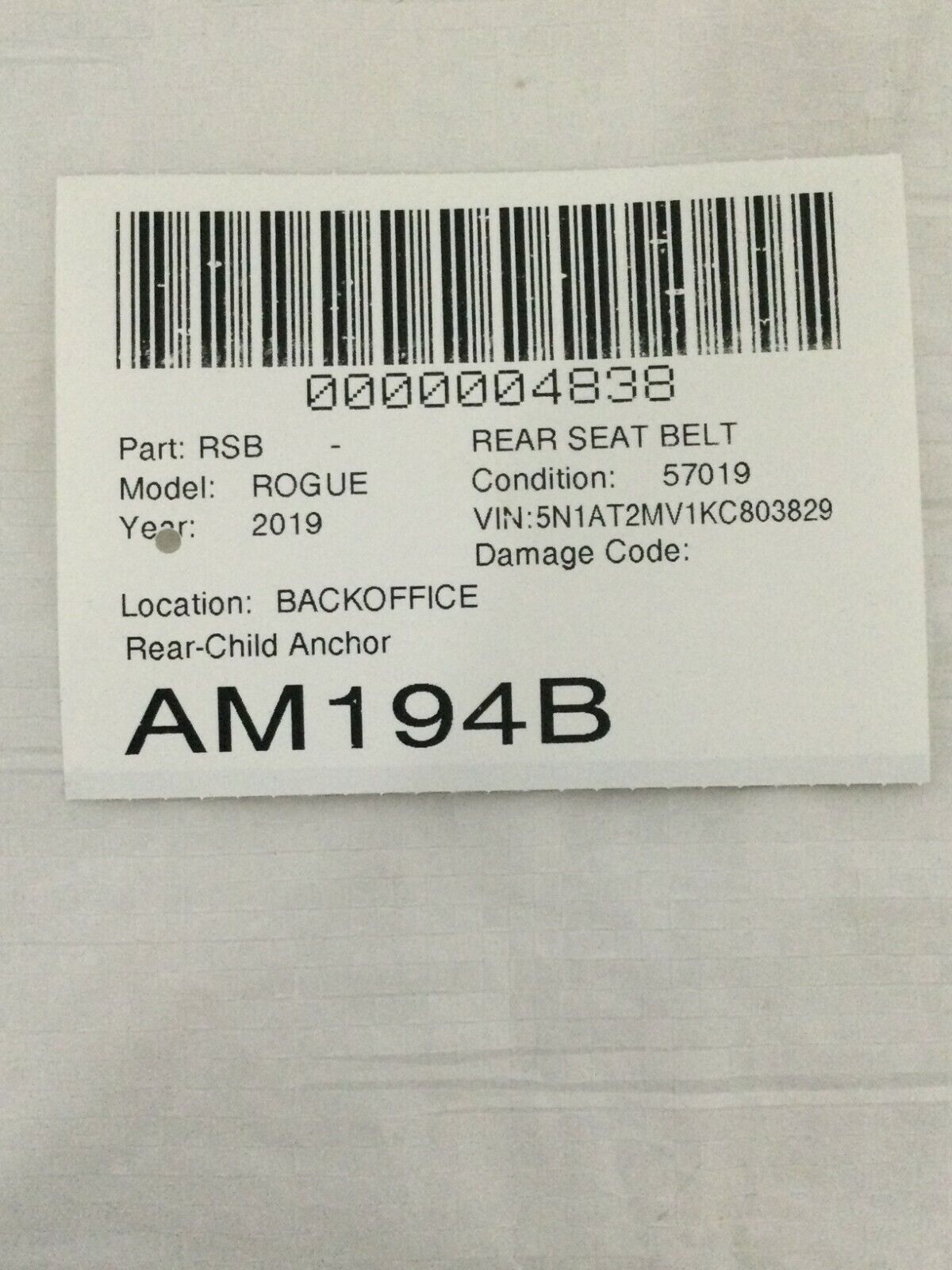 2019 Nissan Rogue Cover Child Anchor OEM 79980-4BA0A