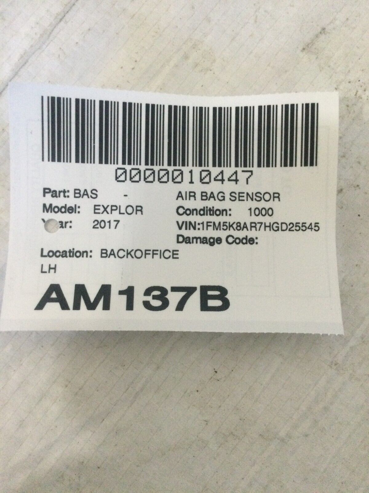 2017 Ford Explorer Left SRS Sensor OEM
